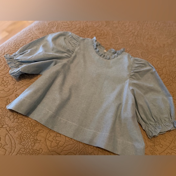 Light Pastel Blue Green Ruffled Puff Sleeve Babydoll Crop Top, M - Picture 2 of 9